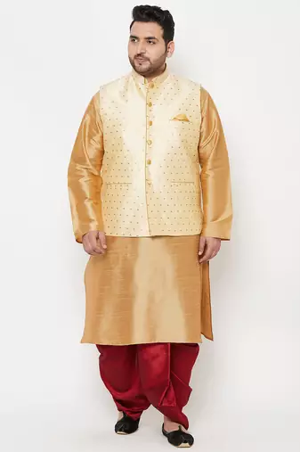 Plus maroon and gold silk blend jacket kurta dhoti set