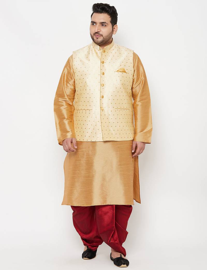 Plus maroon and gold silk blend jacket kurta dhoti set