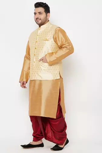 maroon and gold silk blend jacket kurta dhoti set