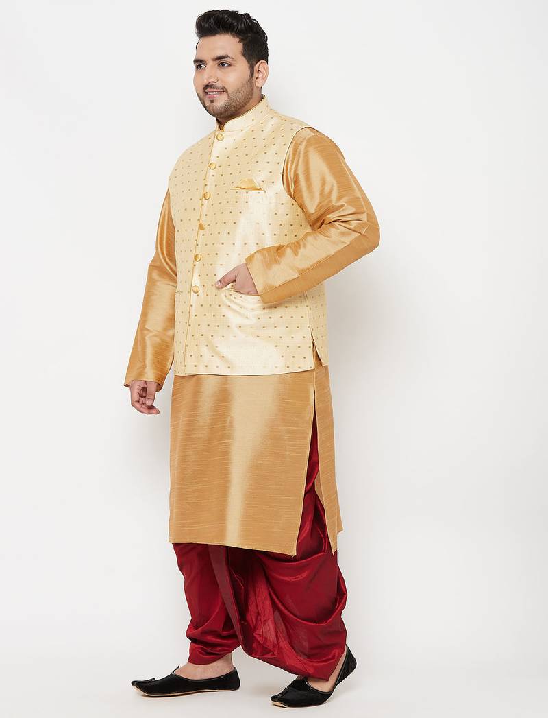 Plus maroon and gold silk blend jacket kurta dhoti set