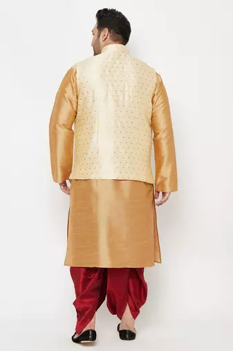 maroon and gold silk blend jacket kurta dhoti set
