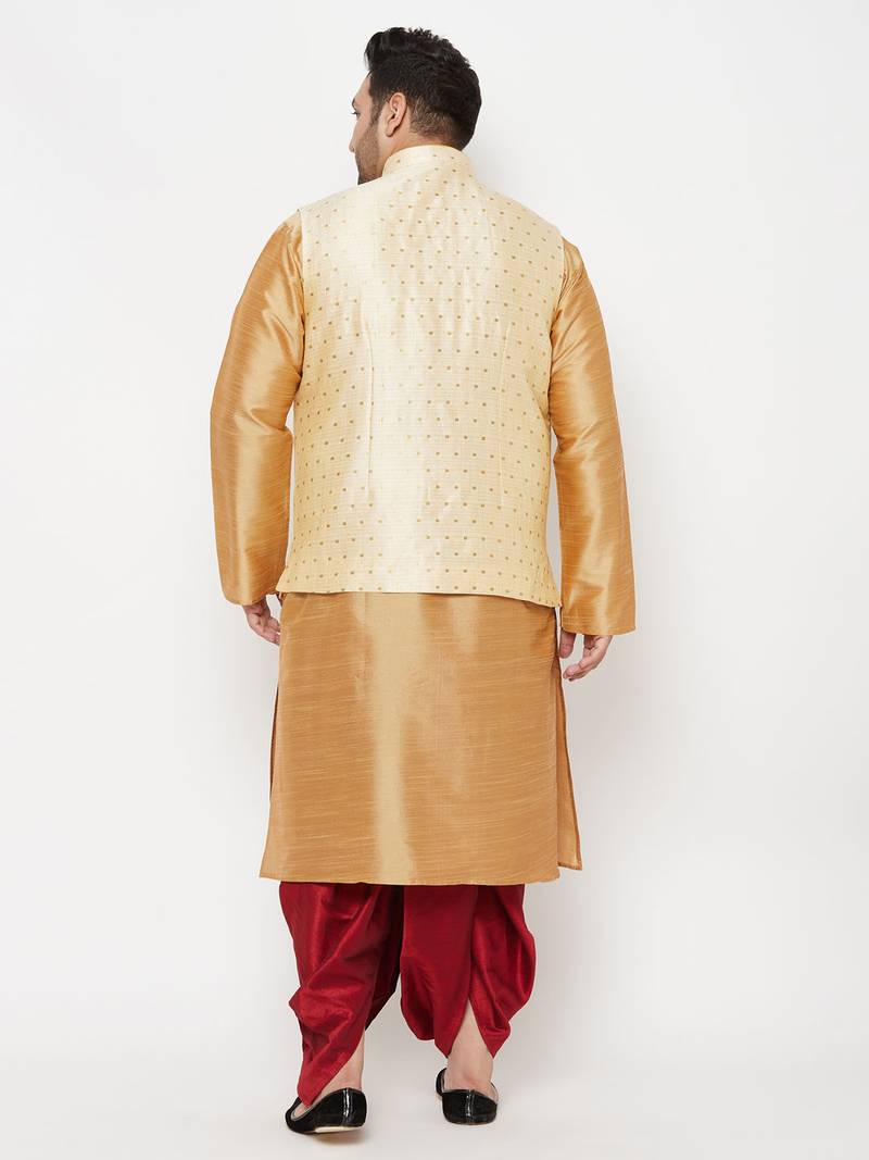 Plus maroon and gold silk blend jacket kurta dhoti set