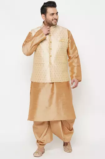 Plus rose gold and gold silk blend jacket kurta dhoti set