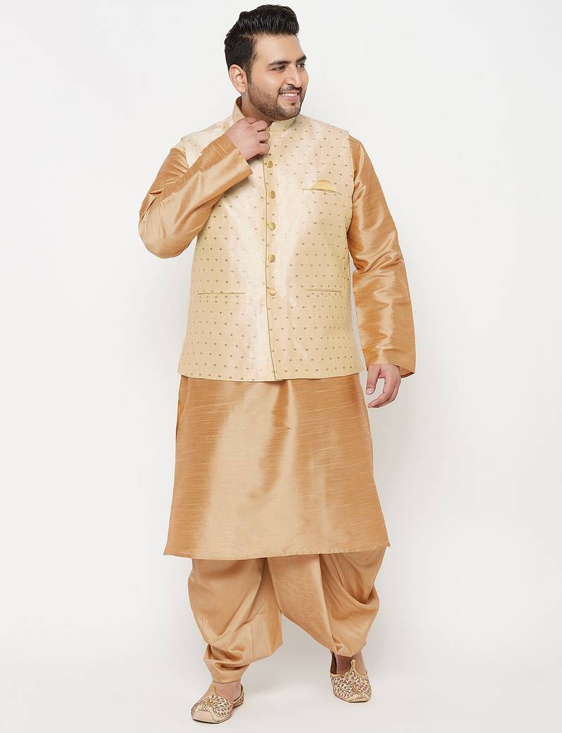 Plus rose gold and gold silk blend jacket kurta dhoti set