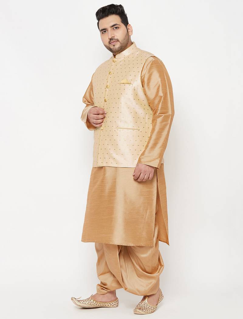 Plus rose gold and gold silk blend jacket kurta dhoti set