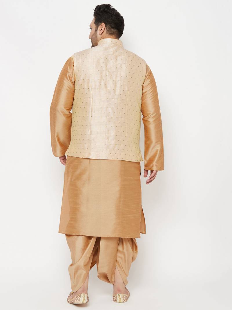 Plus rose gold and gold silk blend jacket kurta dhoti set