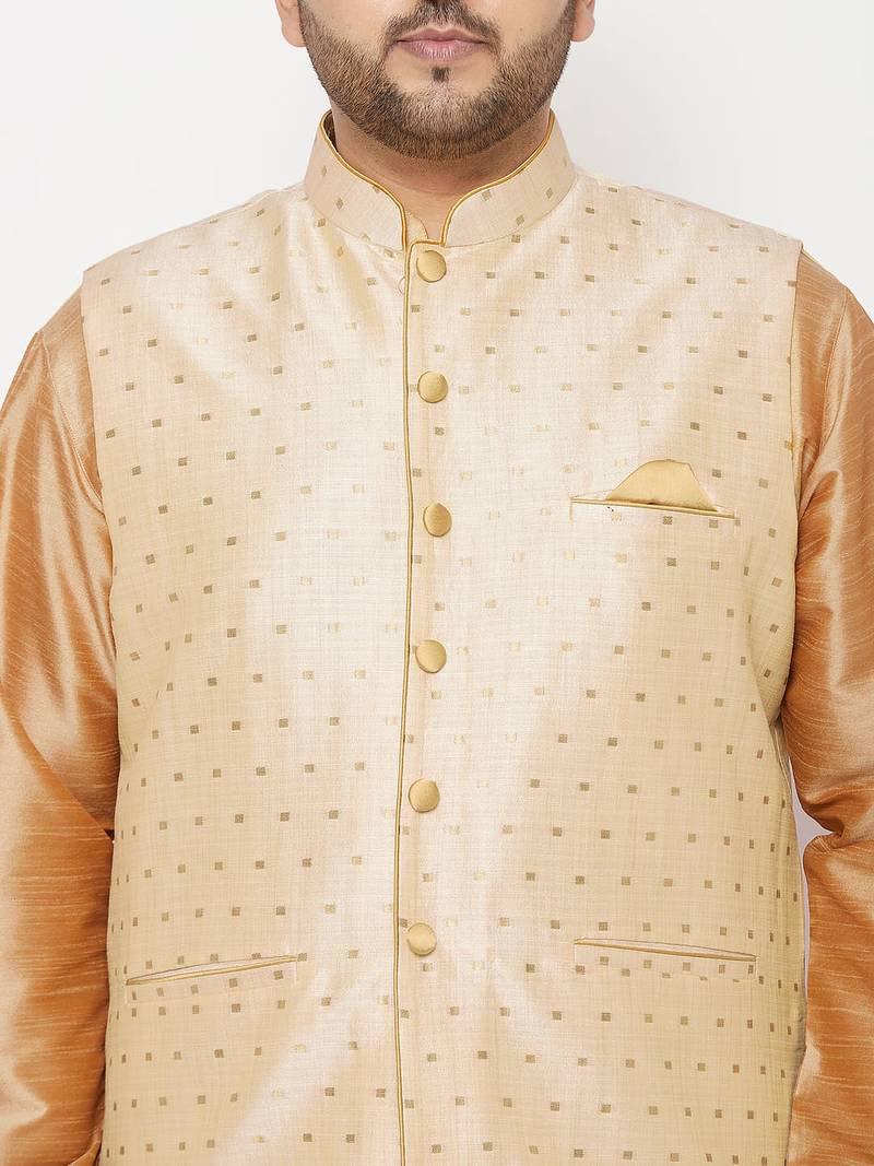 Plus rose gold and gold silk blend jacket kurta dhoti set