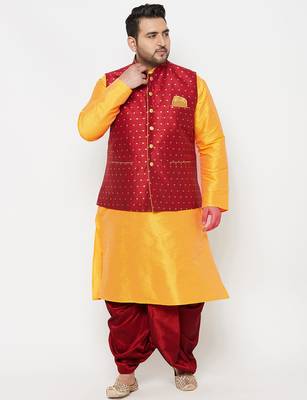 yellow and maroon silk blend jacket kurta dhoti set 1