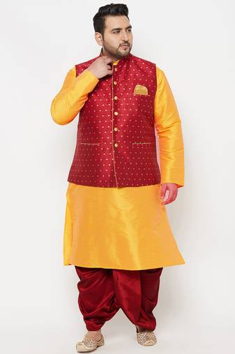 yellow and maroon silk blend jacket kurta dhoti set