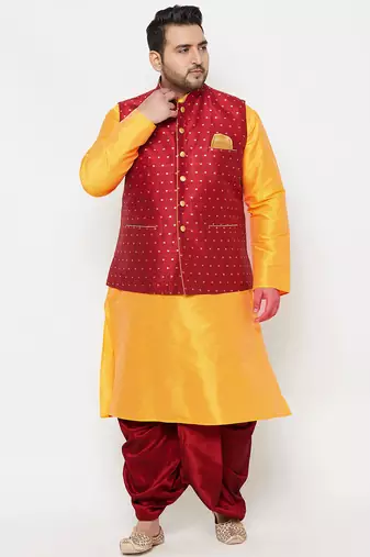 Plus yellow and maroon silk blend jacket kurta dhoti set