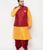 yellow and maroon silk blend jacket kurta dhoti set
