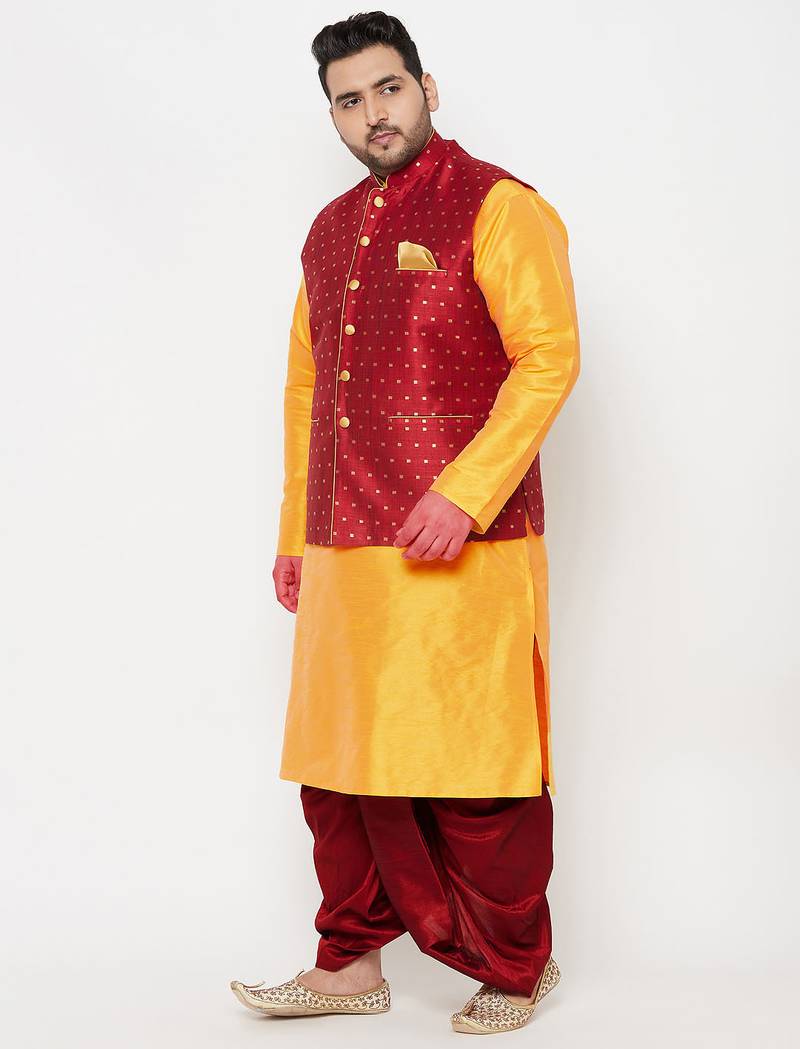Plus yellow and maroon silk blend jacket kurta dhoti set