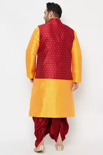 yellow and maroon silk blend jacket kurta dhoti set