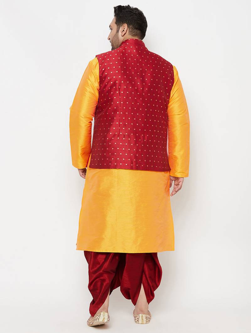 Plus yellow and maroon silk blend jacket kurta dhoti set