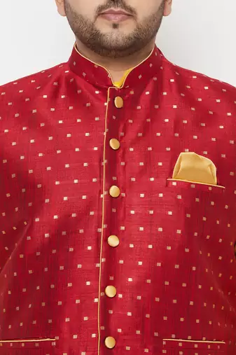 yellow and maroon silk blend jacket kurta dhoti set