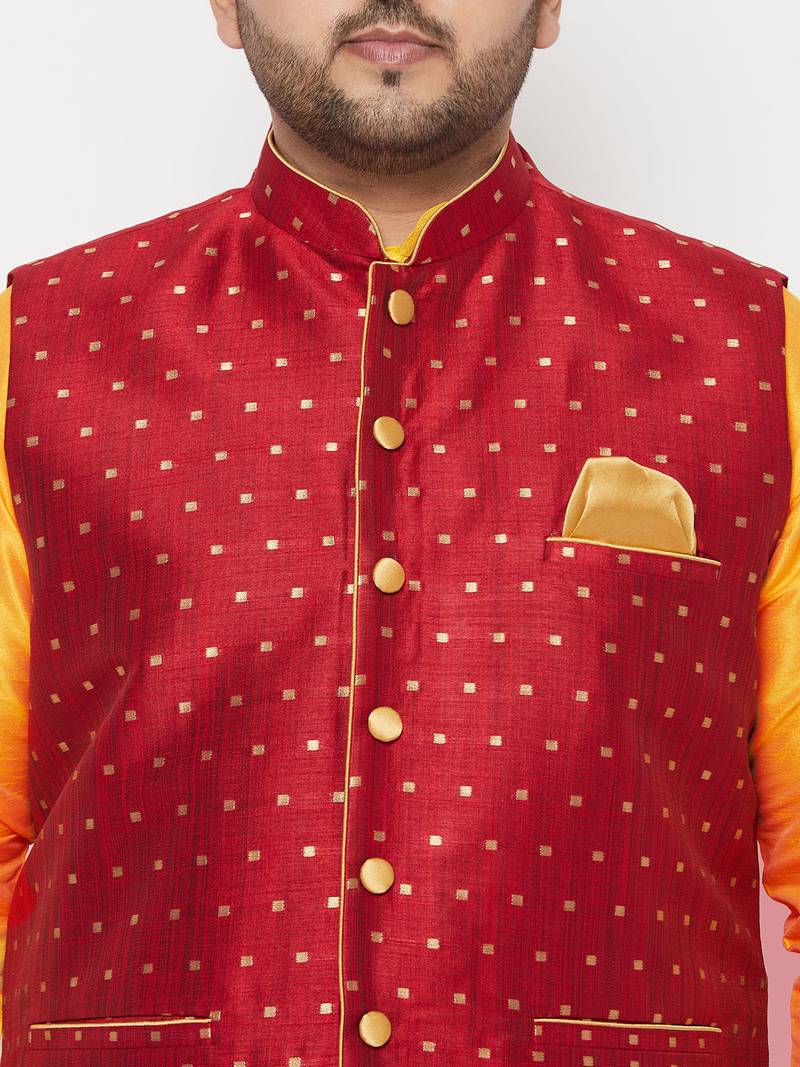 Plus yellow and maroon silk blend jacket kurta dhoti set