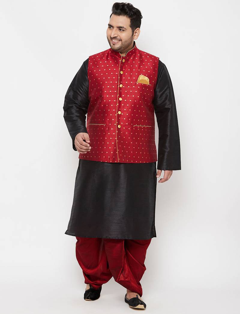 Plus black and maroon silk blend jacket kurta dhoti set