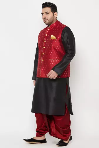 black and maroon silk blend jacket kurta dhoti set