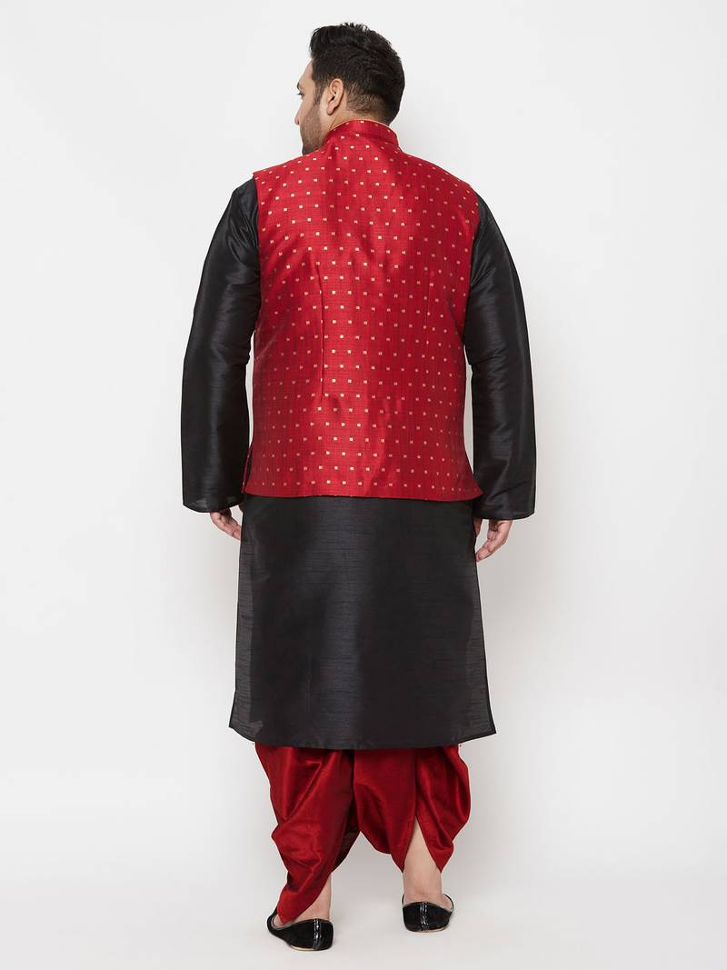 Plus black and maroon silk blend jacket kurta dhoti set