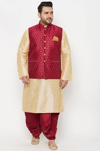 maroon and gold silk blend jacket kurta dhoti set