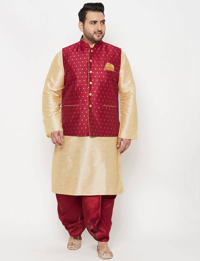 Plus maroon and gold silk blend jacket kurta dhoti set