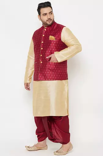 maroon and gold silk blend jacket kurta dhoti set