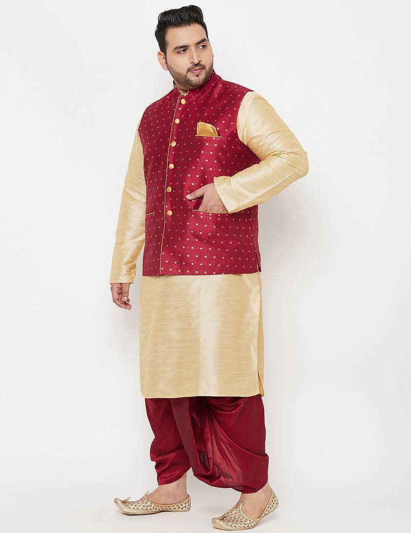 Plus maroon and gold silk blend jacket kurta dhoti set