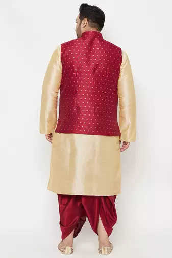 maroon and gold silk blend jacket kurta dhoti set