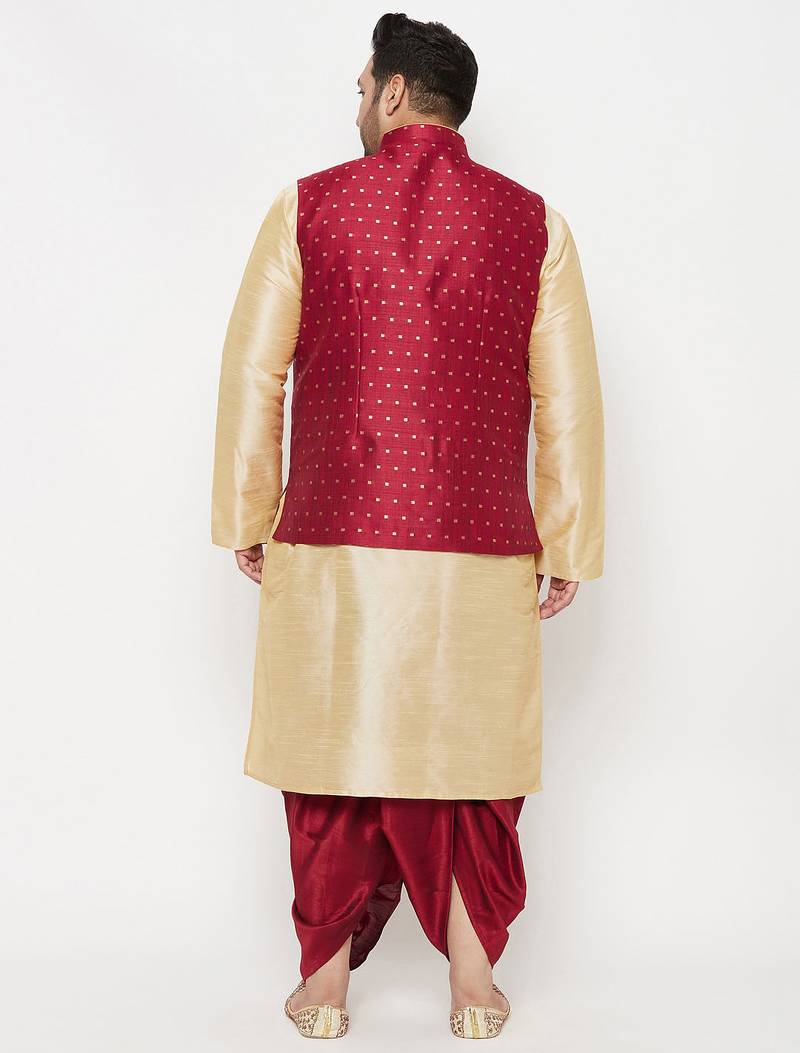 Plus maroon and gold silk blend jacket kurta dhoti set