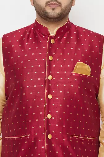 maroon and gold silk blend jacket kurta dhoti set