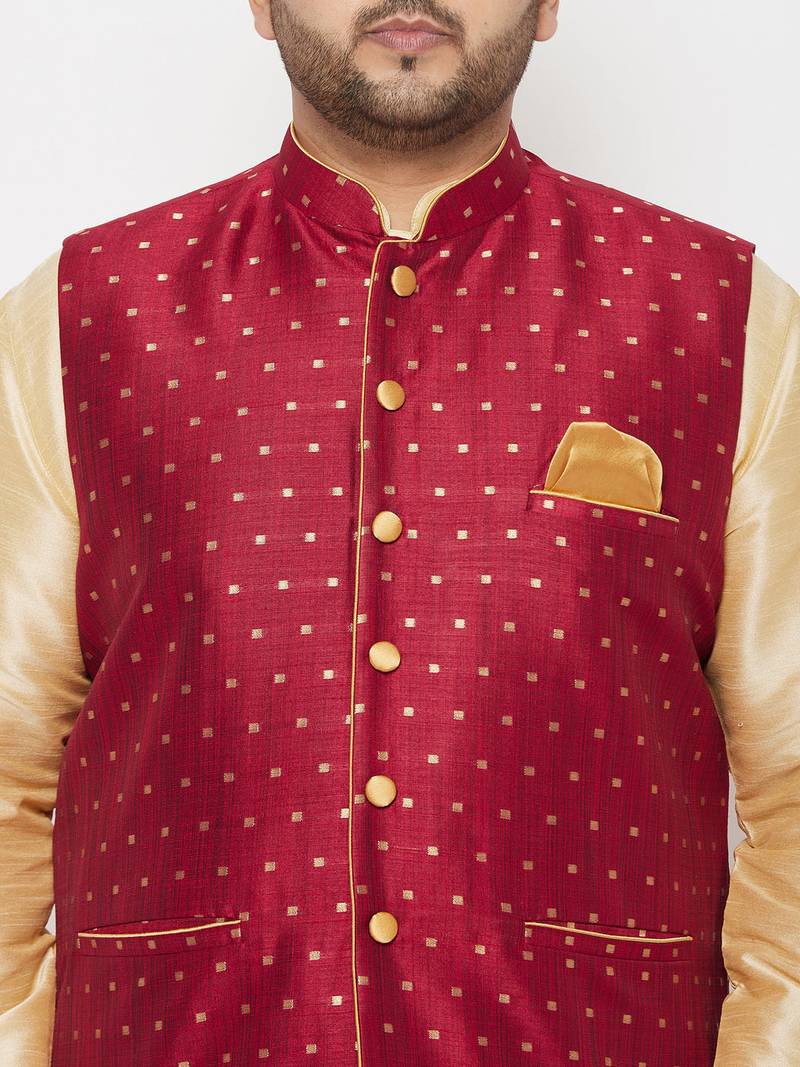 Plus maroon and gold silk blend jacket kurta dhoti set