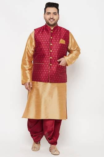 rose gold and maroon silk blend jacket kurta dhoti set