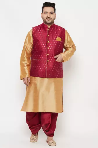 Plus rose gold and maroon silk blend jacket kurta dhoti set