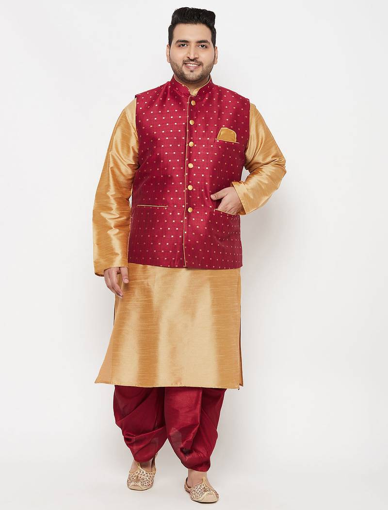 Plus rose gold and maroon silk blend jacket kurta dhoti set