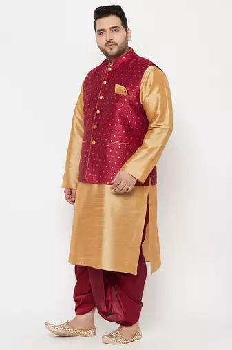rose gold and maroon silk blend jacket kurta dhoti set