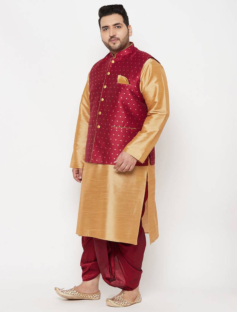 Plus rose gold and maroon silk blend jacket kurta dhoti set
