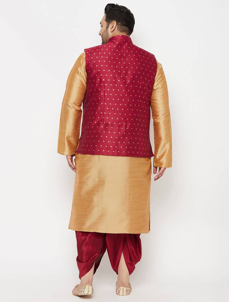 Plus rose gold and maroon silk blend jacket kurta dhoti set