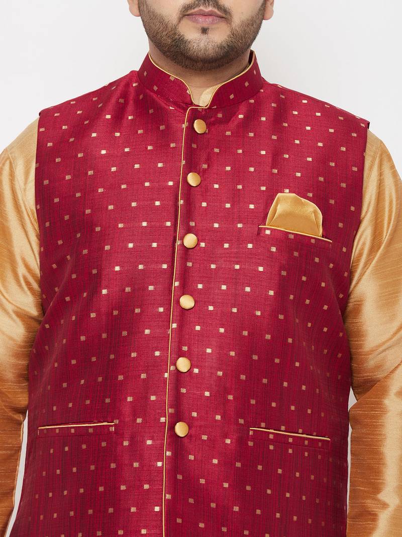 Plus rose gold and maroon silk blend jacket kurta dhoti set