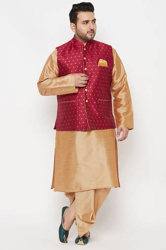 rose gold and maroon silk blend jacket kurta dhoti set