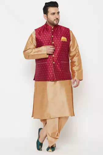 Plus rose gold and maroon silk blend jacket kurta dhoti set