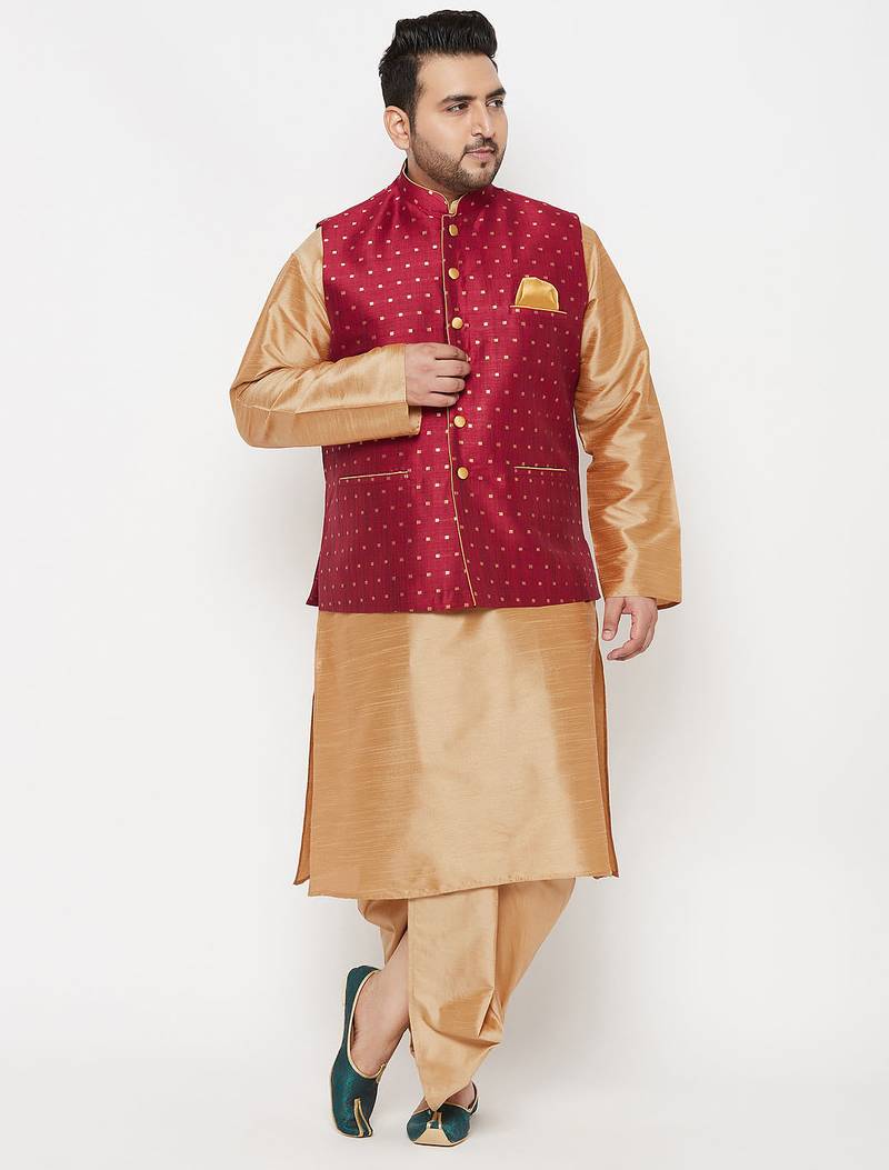 Plus rose gold and maroon silk blend jacket kurta dhoti set
