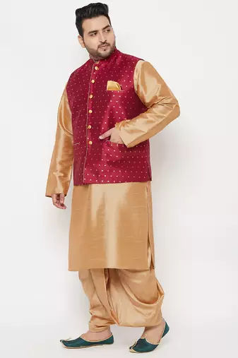 rose gold and maroon silk blend jacket kurta dhoti set