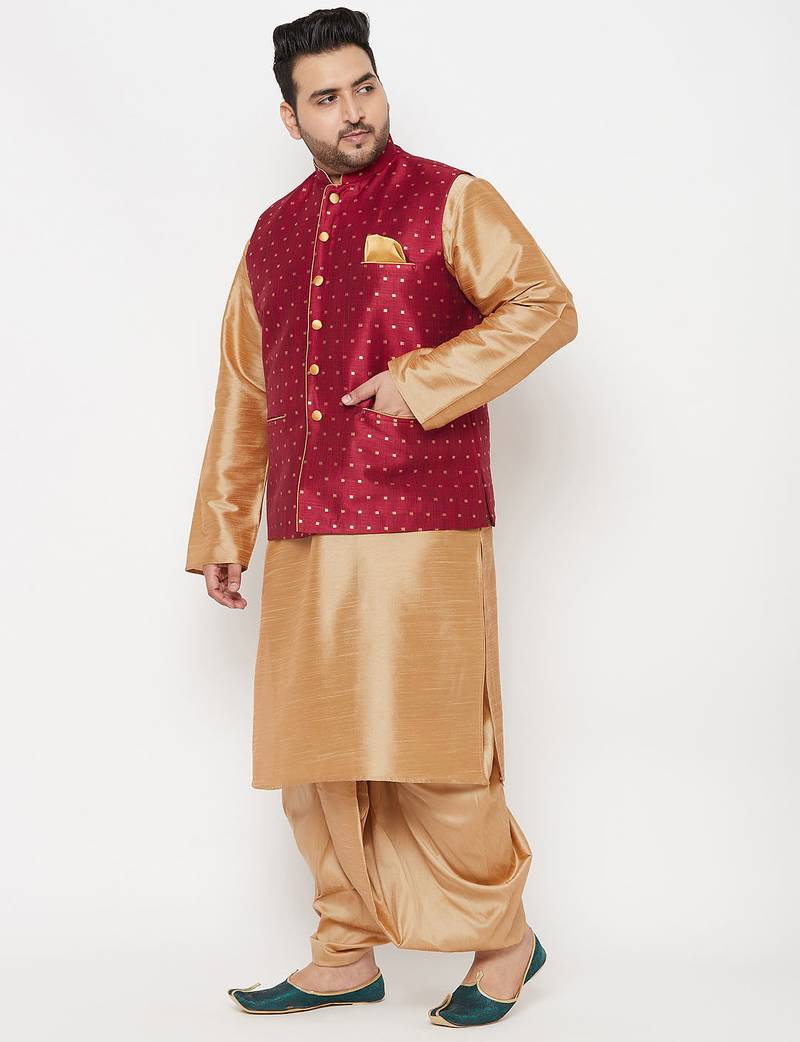 Plus rose gold and maroon silk blend jacket kurta dhoti set