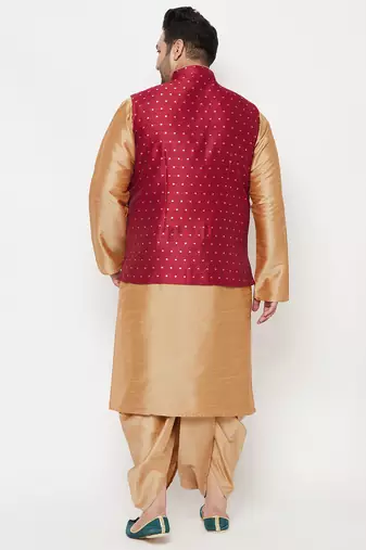 rose gold and maroon silk blend jacket kurta dhoti set