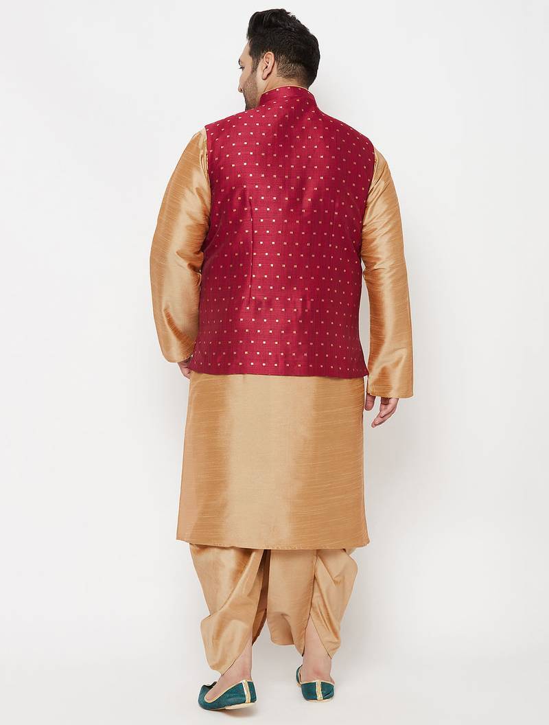 Plus rose gold and maroon silk blend jacket kurta dhoti set