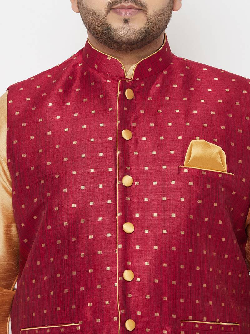 Plus rose gold and maroon silk blend jacket kurta dhoti set