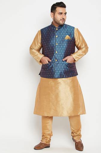rose gold, blue and white silk blend jacket kurta pyjama set