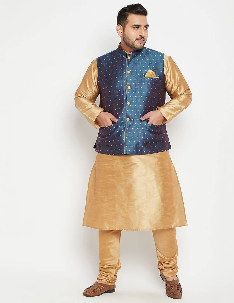 Plus rose gold, blue and white silk blend jacket kurta pyjama set