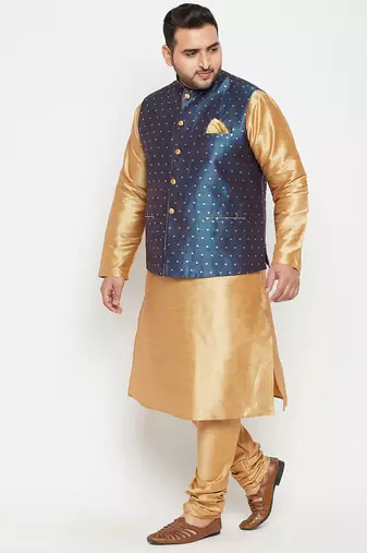 rose gold, blue and white silk blend jacket kurta pyjama set