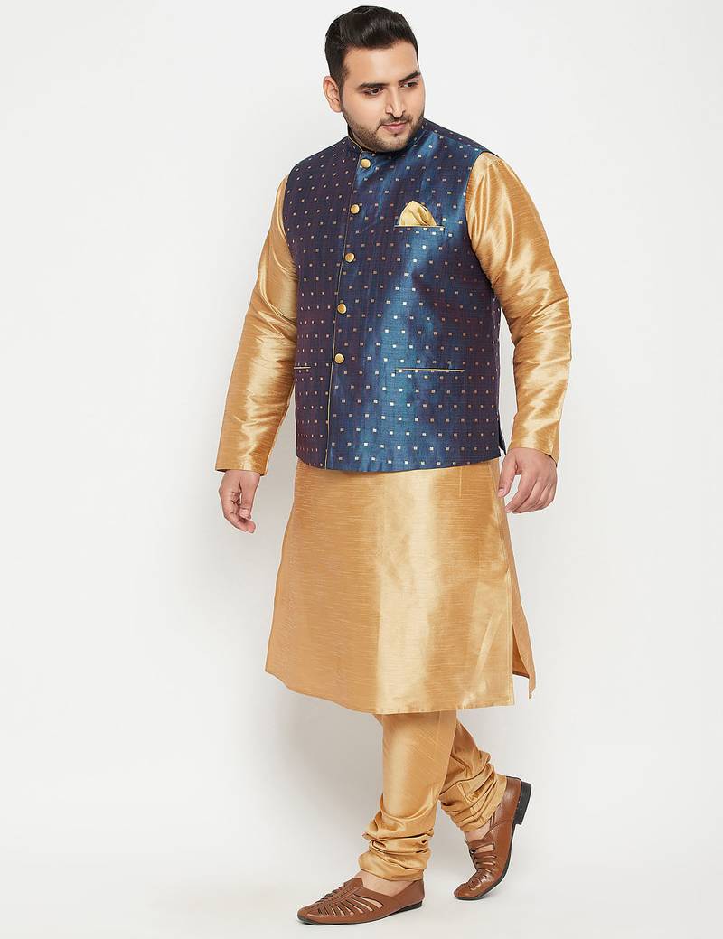Plus rose gold, blue and white silk blend jacket kurta pyjama set